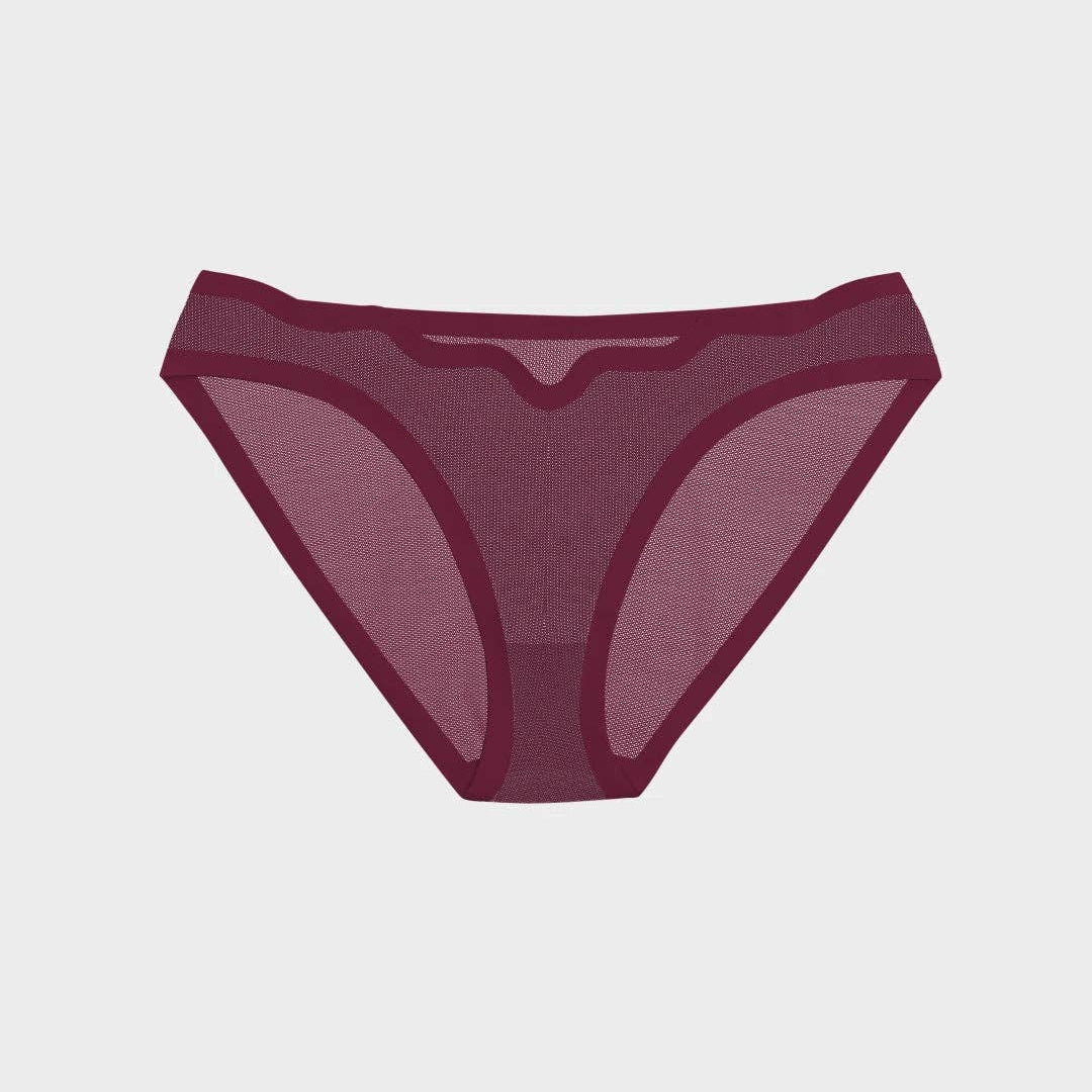 A pair of sheer mesh thong panties in a deep burgundy color, displayed flat against a light gray background.