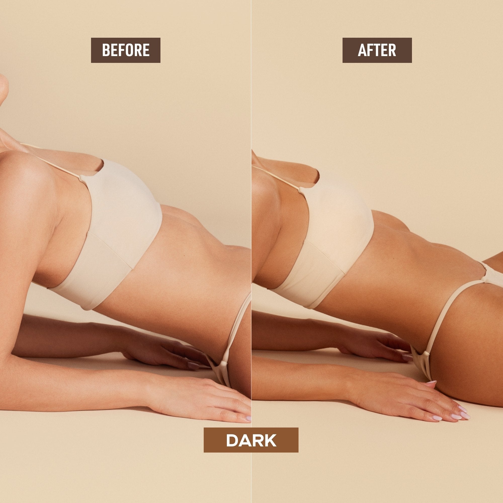 before and after image of a woman with a tan and without a tan. Text reading before, after, and dark