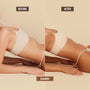 before and after image of a woman with a tan and without a tan. Text reading before, after, and dark