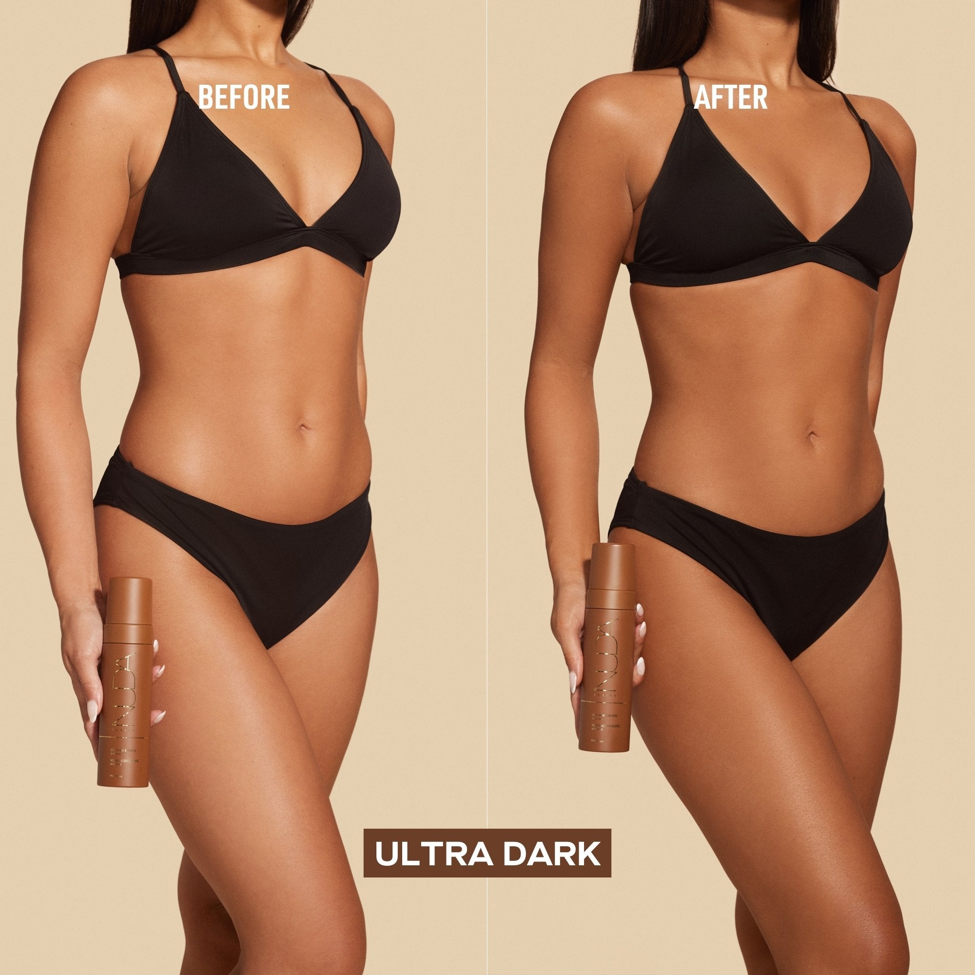 before and after image of a woman with and without a tan holding a brown NUDA bottle