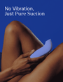 Person holding a blue personal massager on their leg with text 'No Vibration, Just Pure Suction' on a blue background