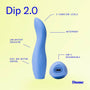 Blue electronic personal massager beled 'Dip 2.0' with features on a yellow background, featuring the brand name 'Dame'.