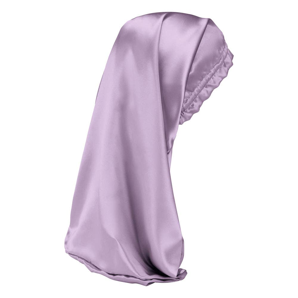 Lavender satin bonnett on a white background