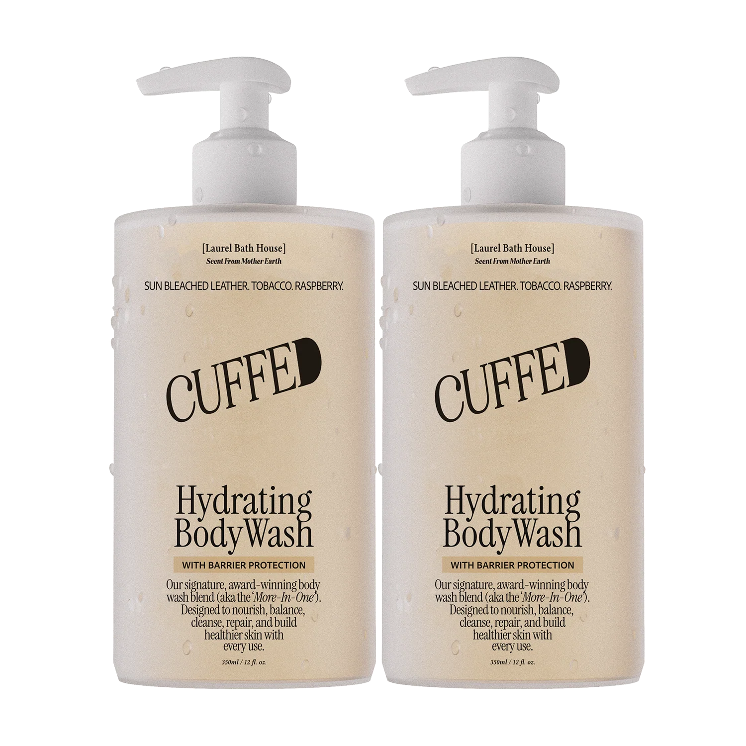 Two bottles of CUFFE Hydrating Body Wash side by side on a plain white background.