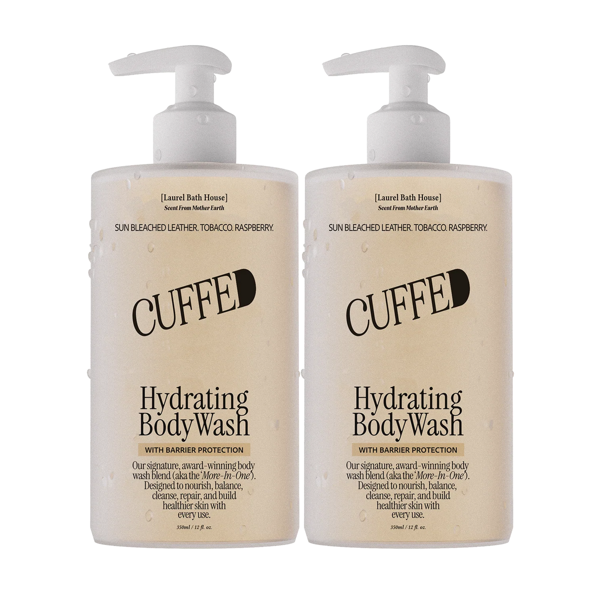 Two bottles of CUFFE Hydrating Body Wash side by side on a plain white background.