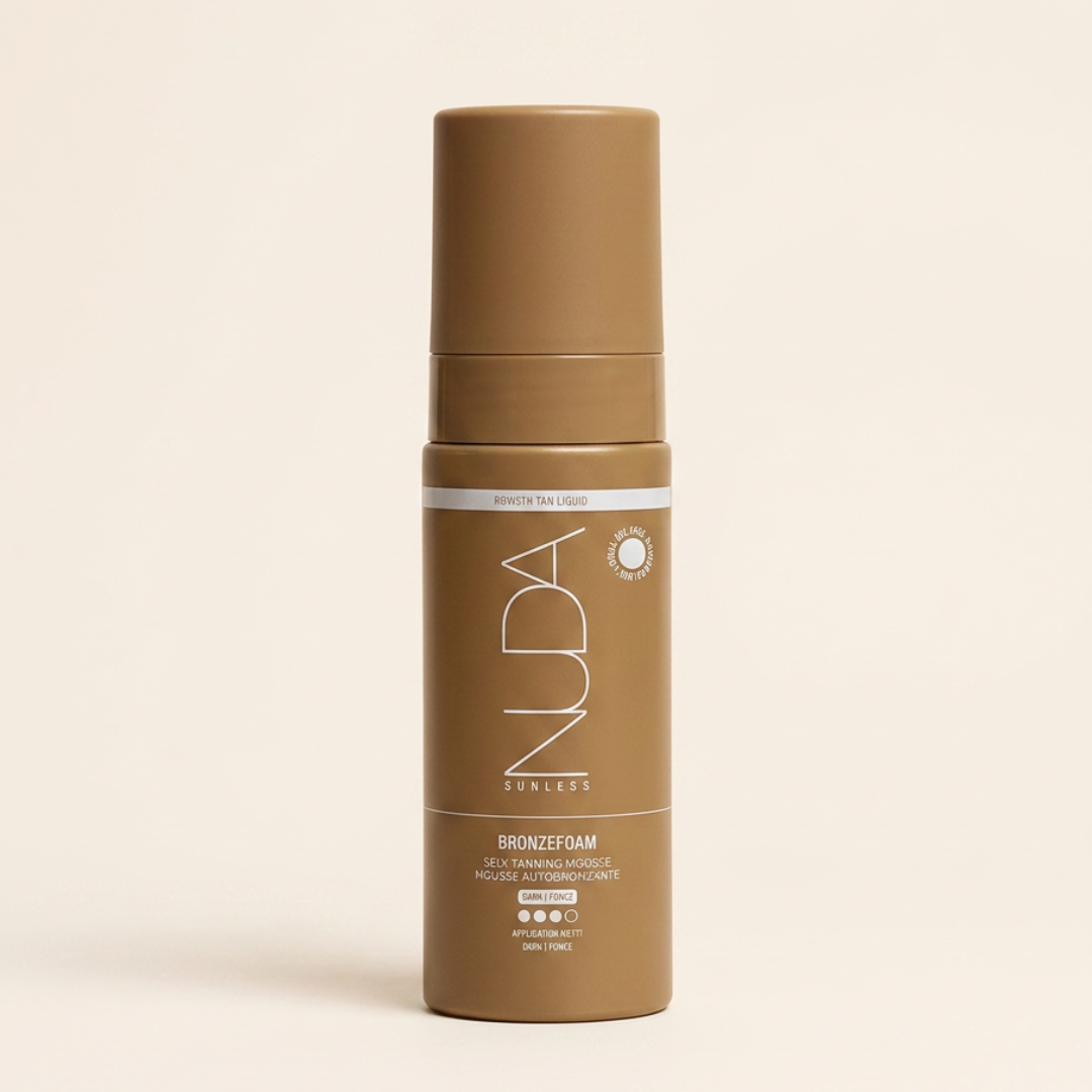Brown bottle with Nuda branding on a beige background