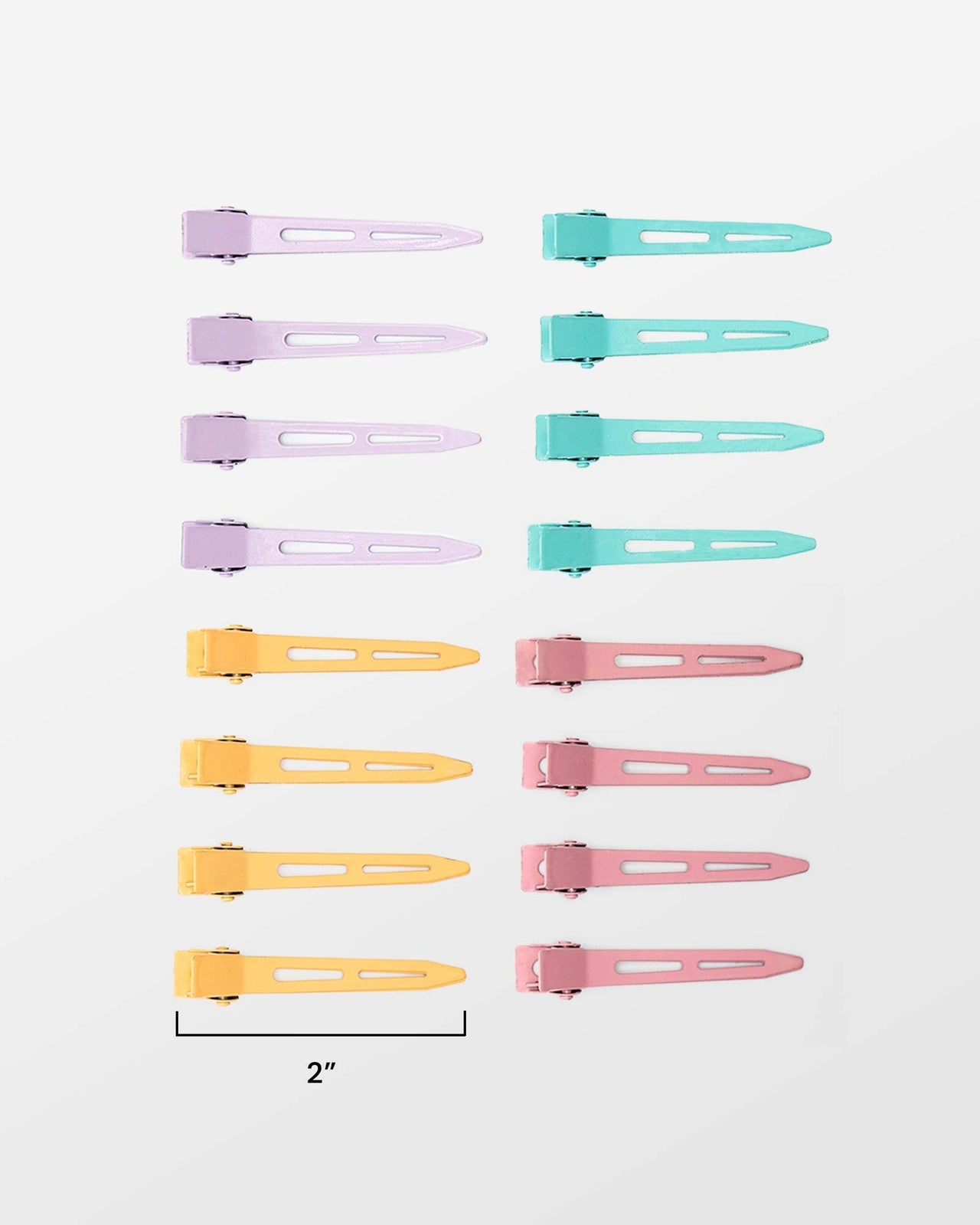 Set of colorful hair clips on a white background with measurements indicated.