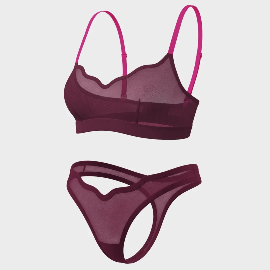 A two-piece sheer lingerie set in a deep plum purple, featuring a scalloped underwire bra with bright pink straps and matching high-cut thong bottoms, shown on a light gray background.