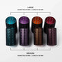 Stacks of large and medium hair rollers with measurements on a white background