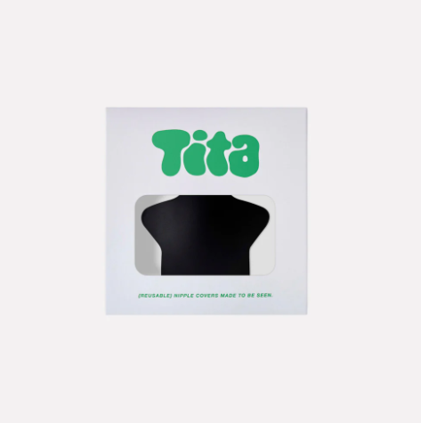 Black nipple cover in a Tita branded box on a white background