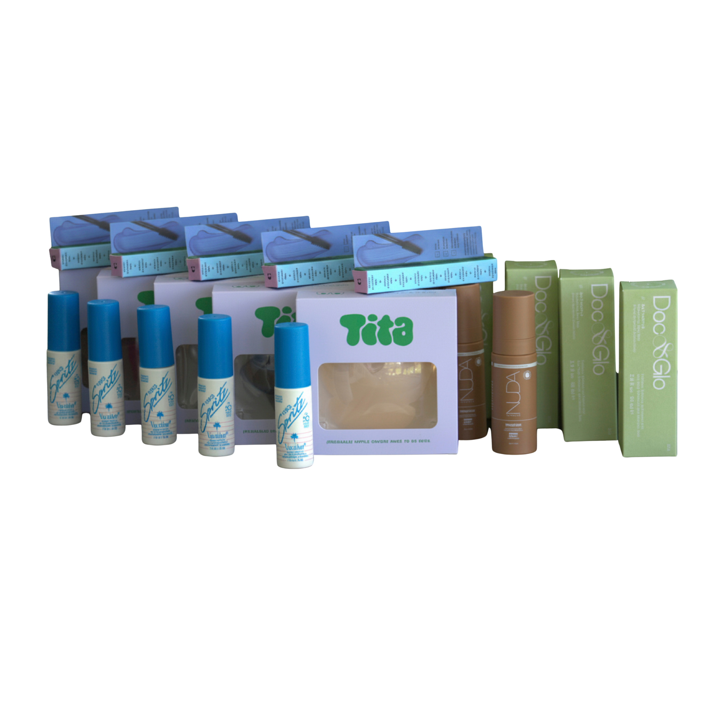 A collection of Tita brand personal care products, including several small blue-capped bottles, a brown cylindrical bottle, and multiple green and white boxes, arranged against a plain white background.