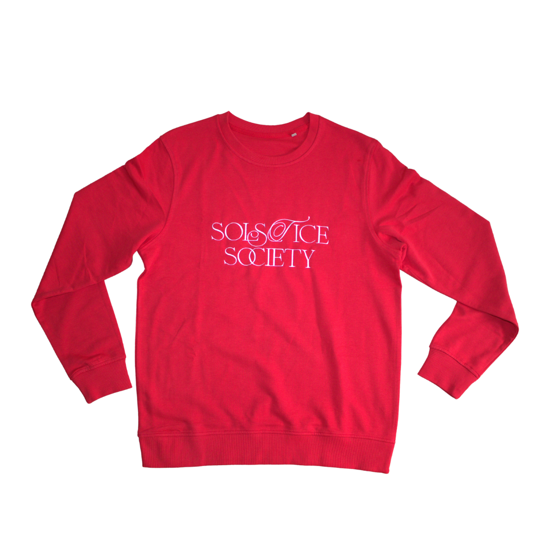 Red sweatshirt with 'Society' text on a white background