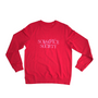 Red sweatshirt with 'Society' text on a white background