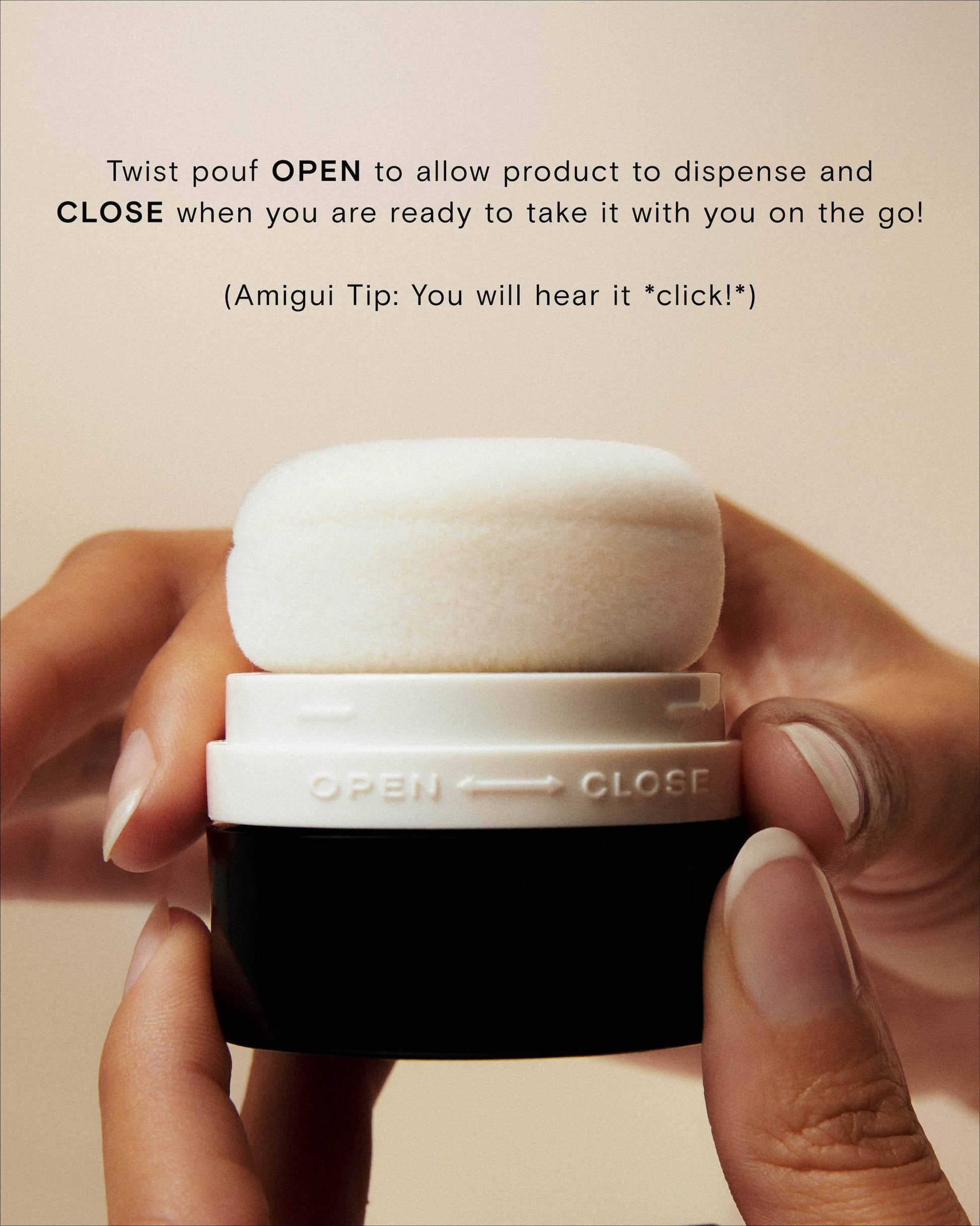 Hand holding a black and white container with 'Open' and 'Close' labels, against a beige background.