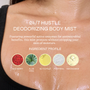 Advertisement for 24/7 Hustle deodorizing body mist with ingredient profile on skin backaground