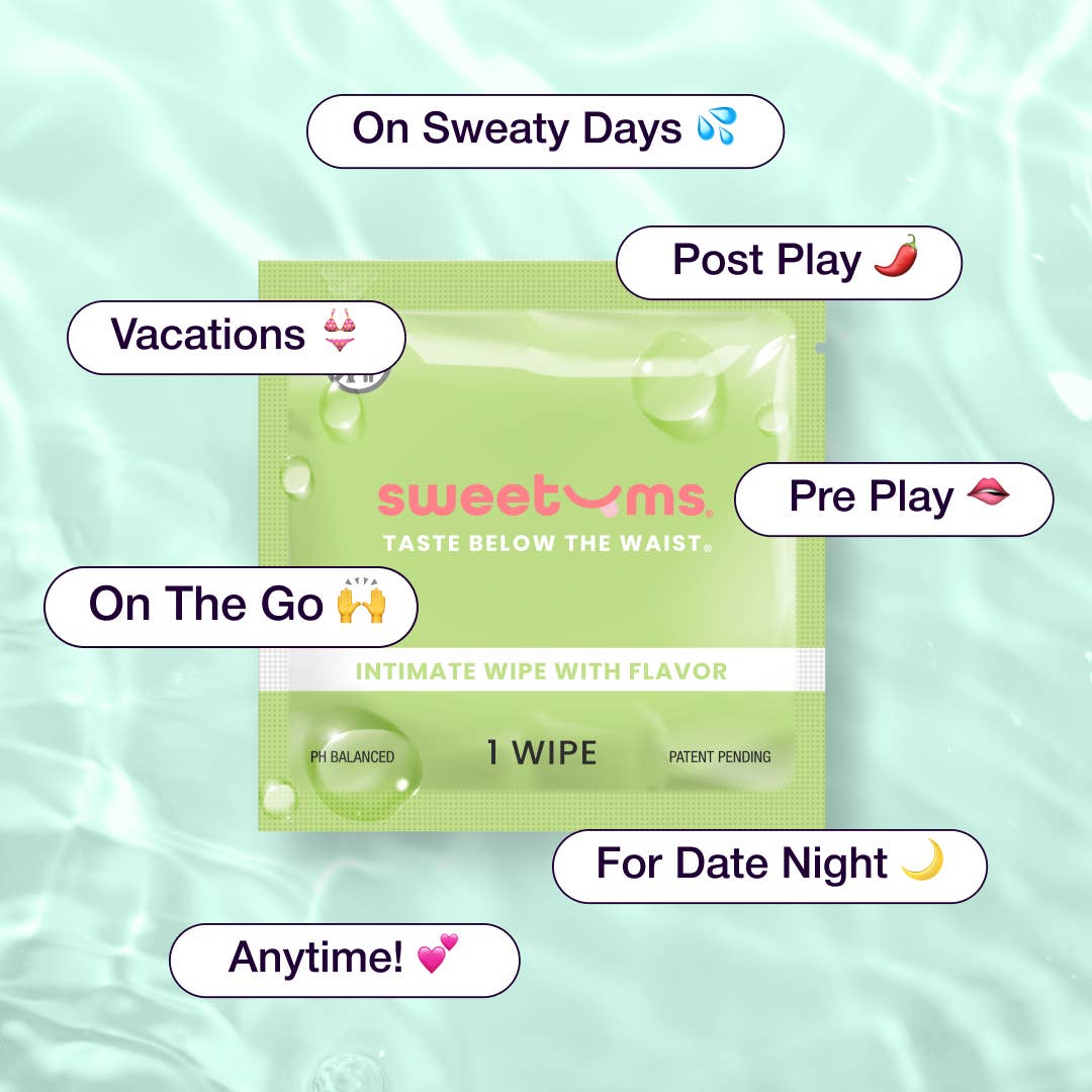 Green intimate wipe packaging with text on a light blue background