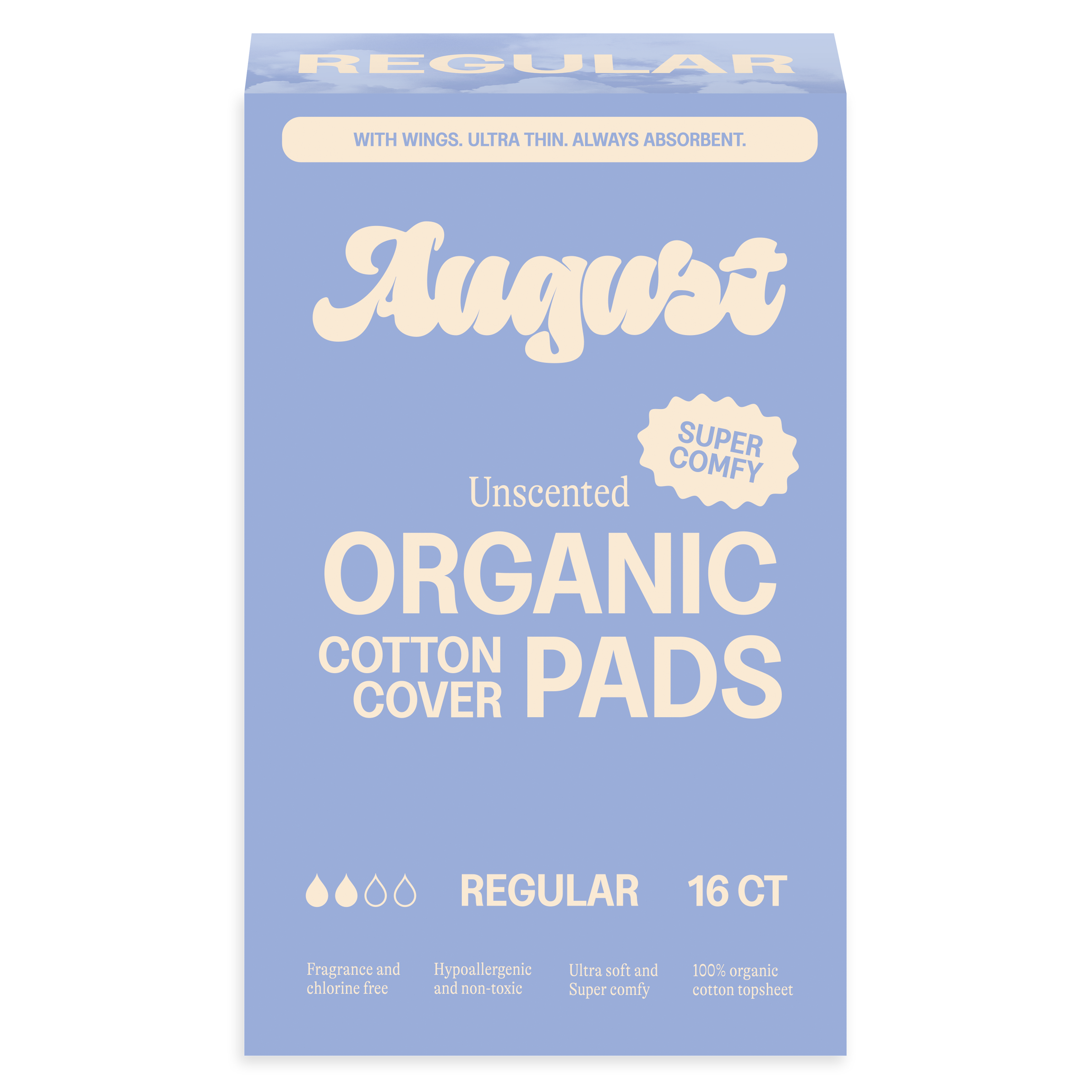 Box of August organic cotton pads on a white background