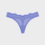 A pair of sheer mesh thong panties in a periwinkle blue color, displayed flat against a light gray background.