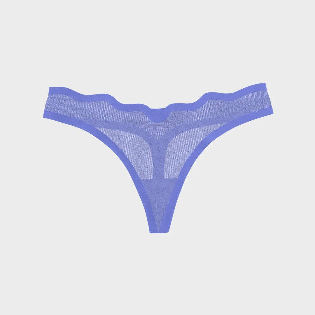 A pair of sheer mesh thong panties in a periwinkle blue color, displayed flat against a light gray background.