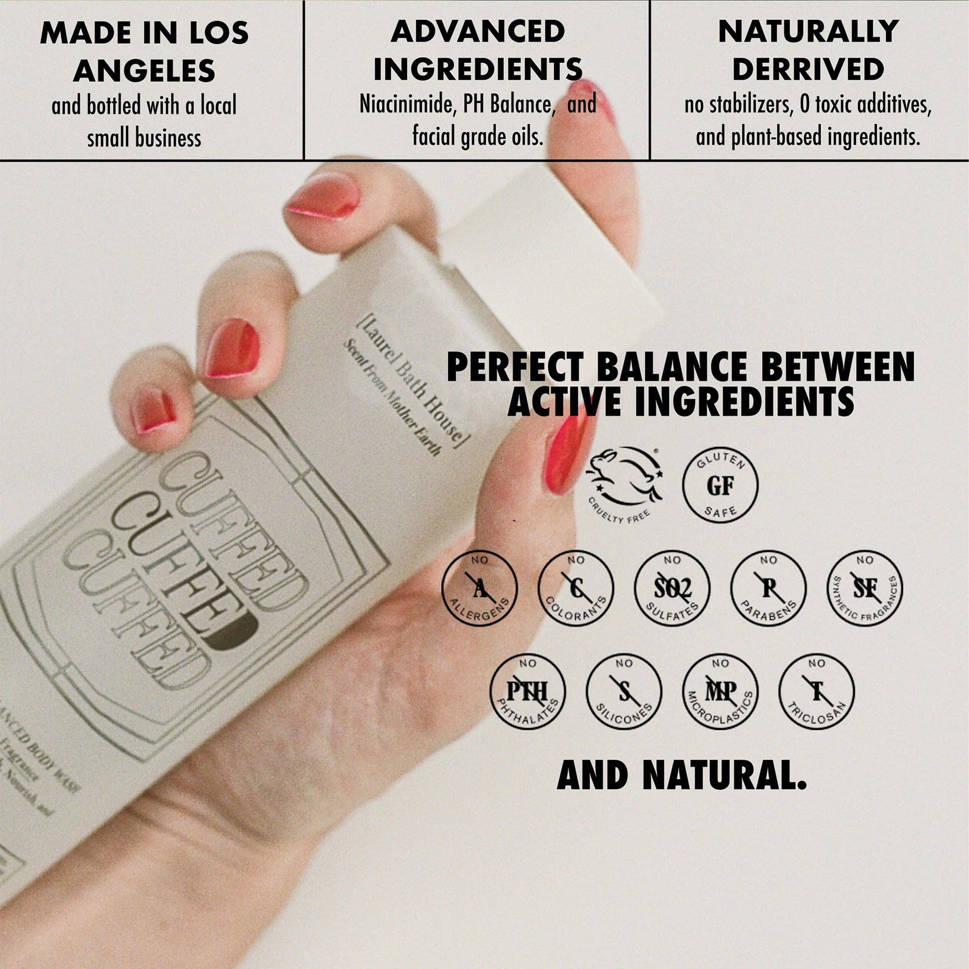 Hand holding the cuffed body wash with text about ingredients and certifications on a white background
