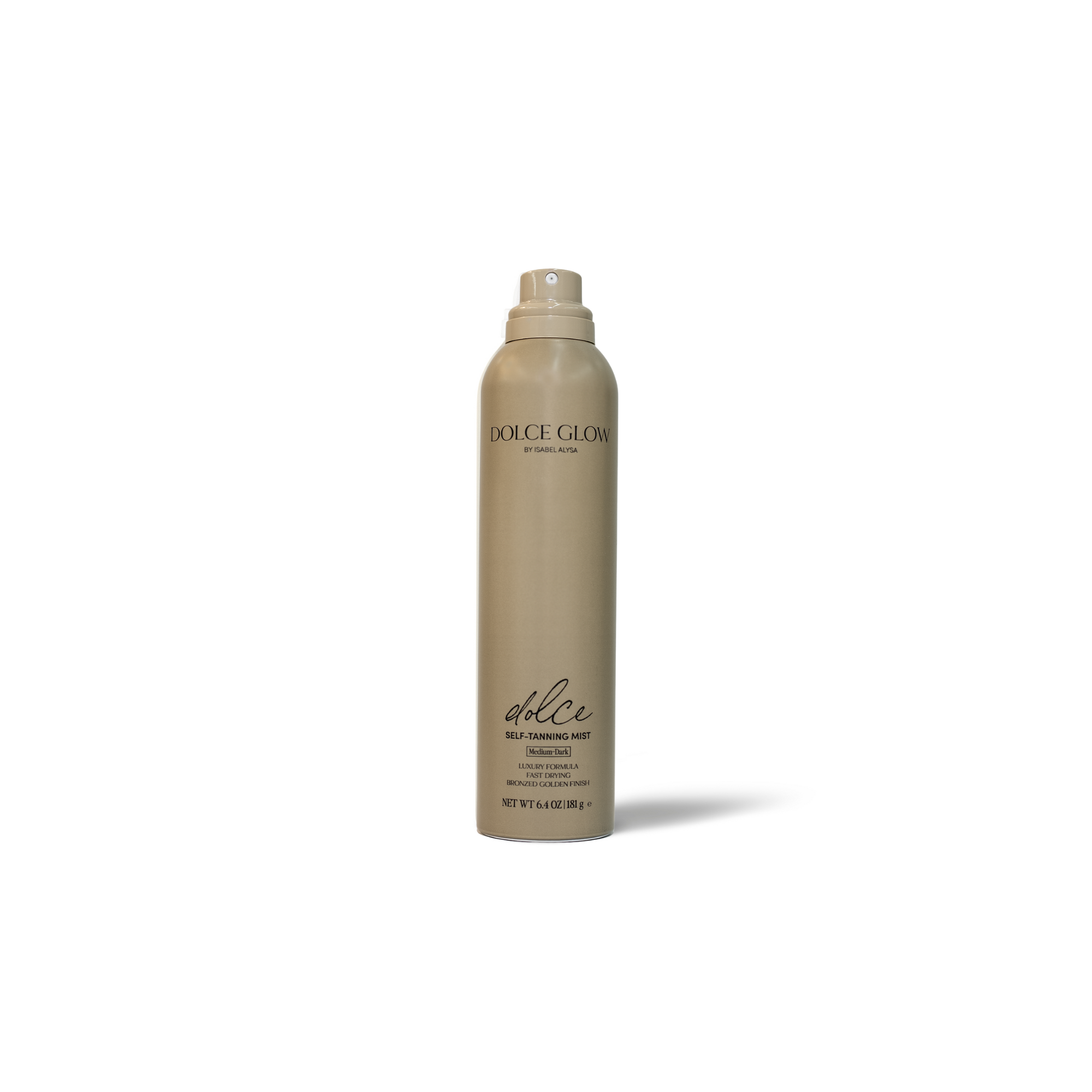 Dolce Glow self-tanning mist bottle on a white background