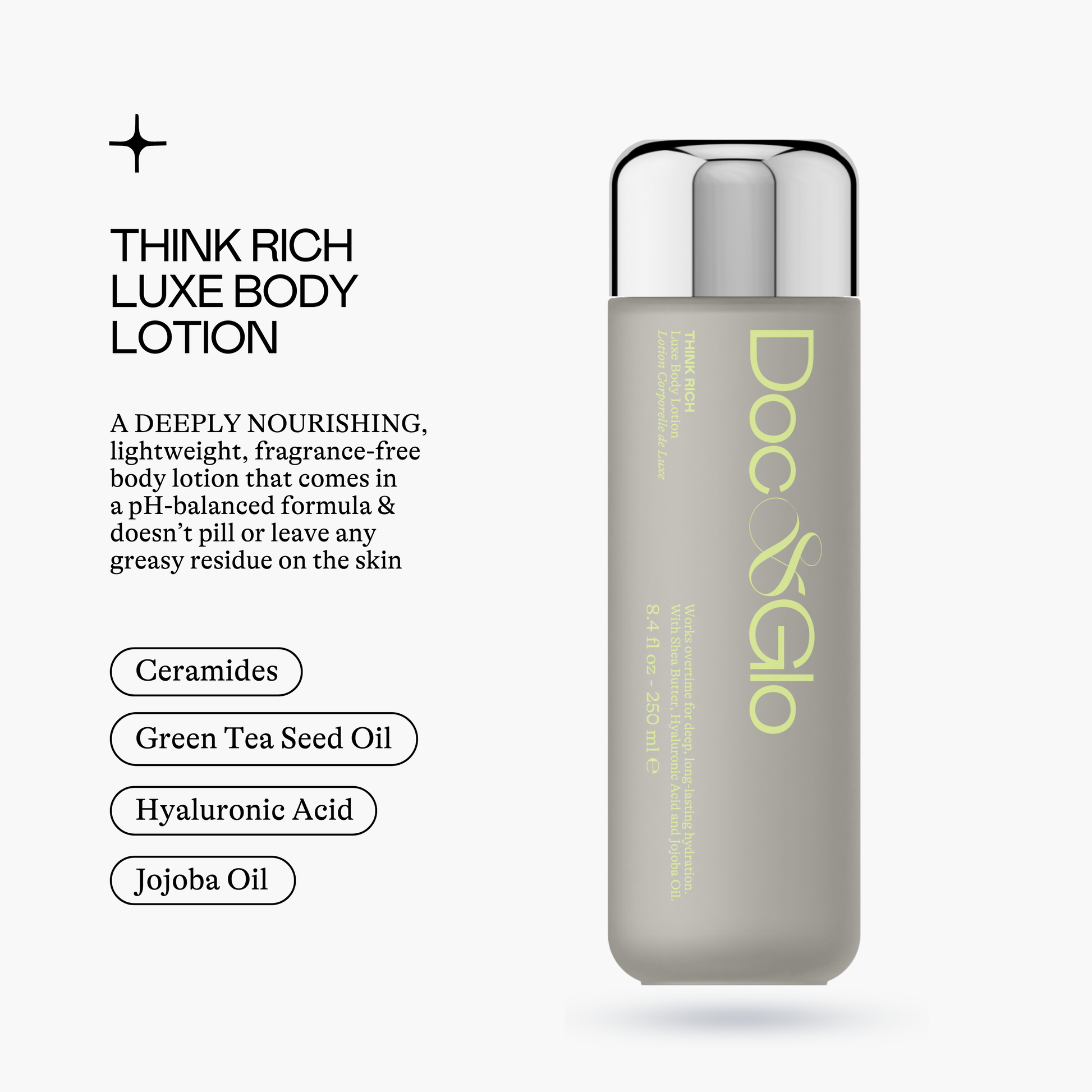 think rich luxe body lotion bottle with product details on a white background