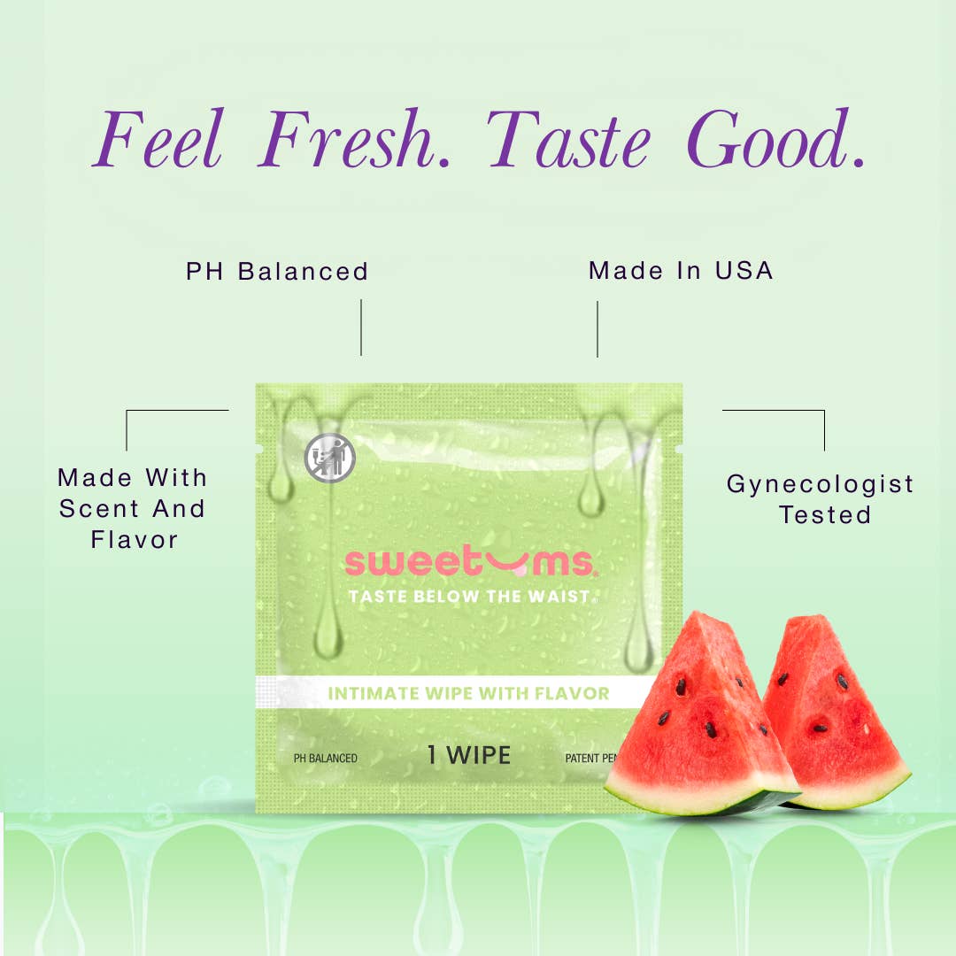 Sweetums intimate wipes packaging with watermelon slices on a green background