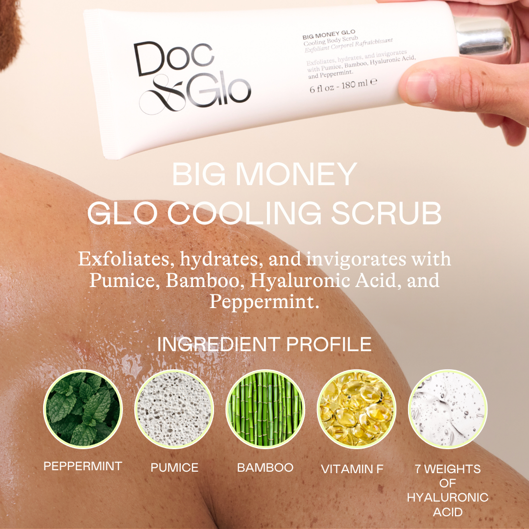 Big Money Glo Cooling Scrub being applied to skin with ingredient profile displayed.