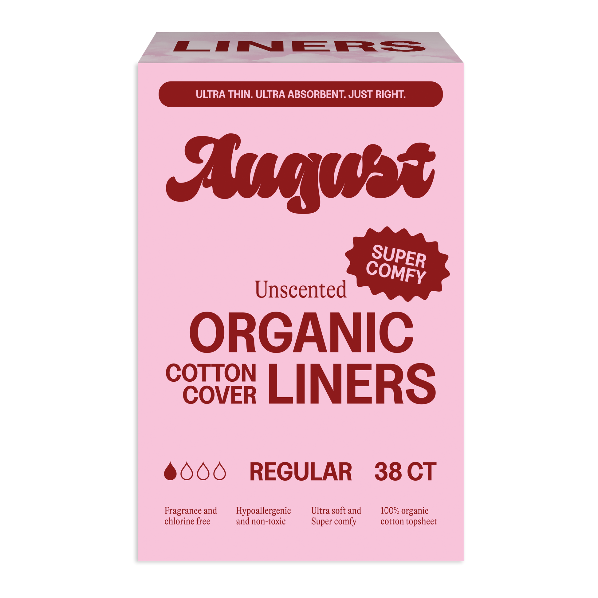 Pink box of August organic cotton liners on a white background
