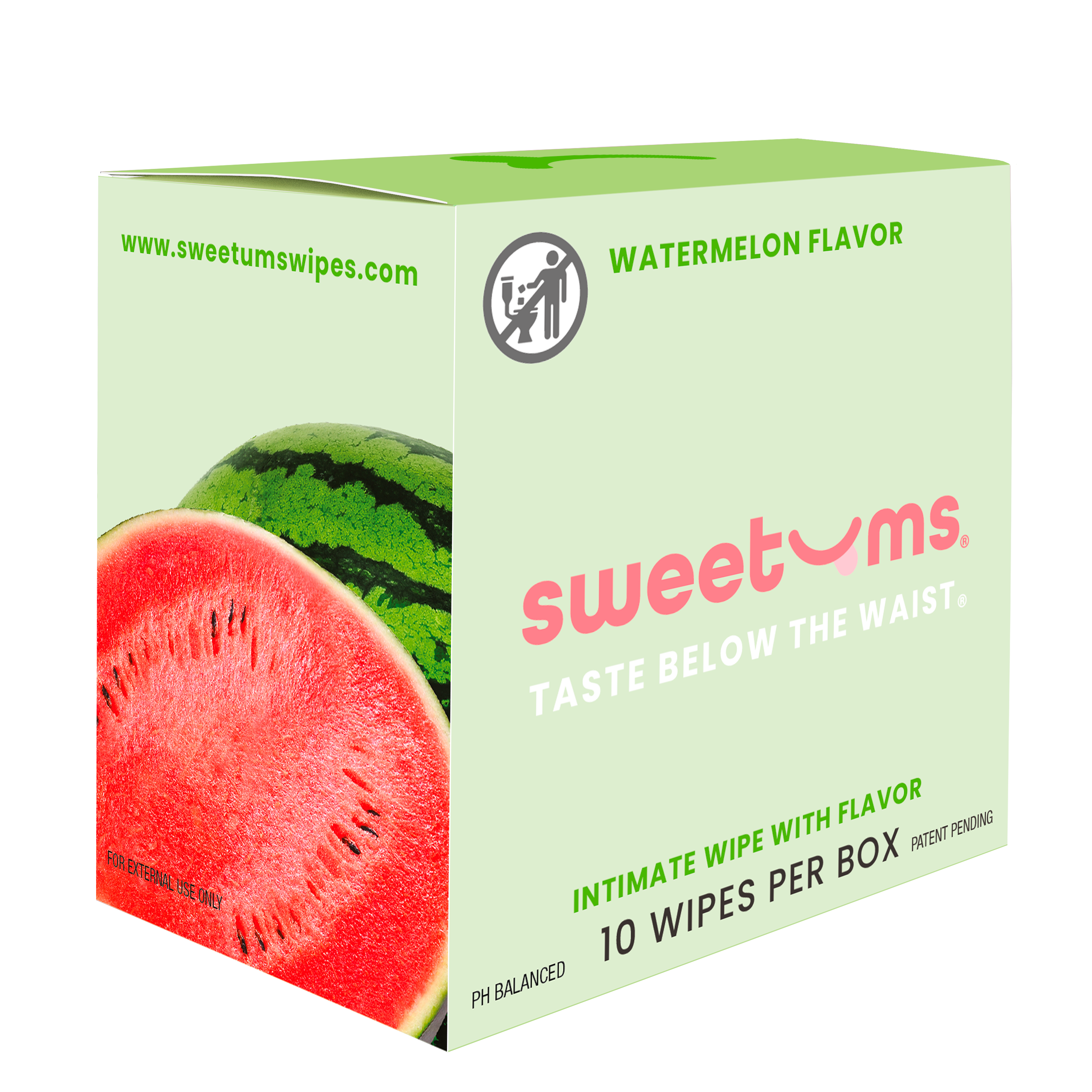 Box of sweetums intimate wipes with watermelon flavor on a white background