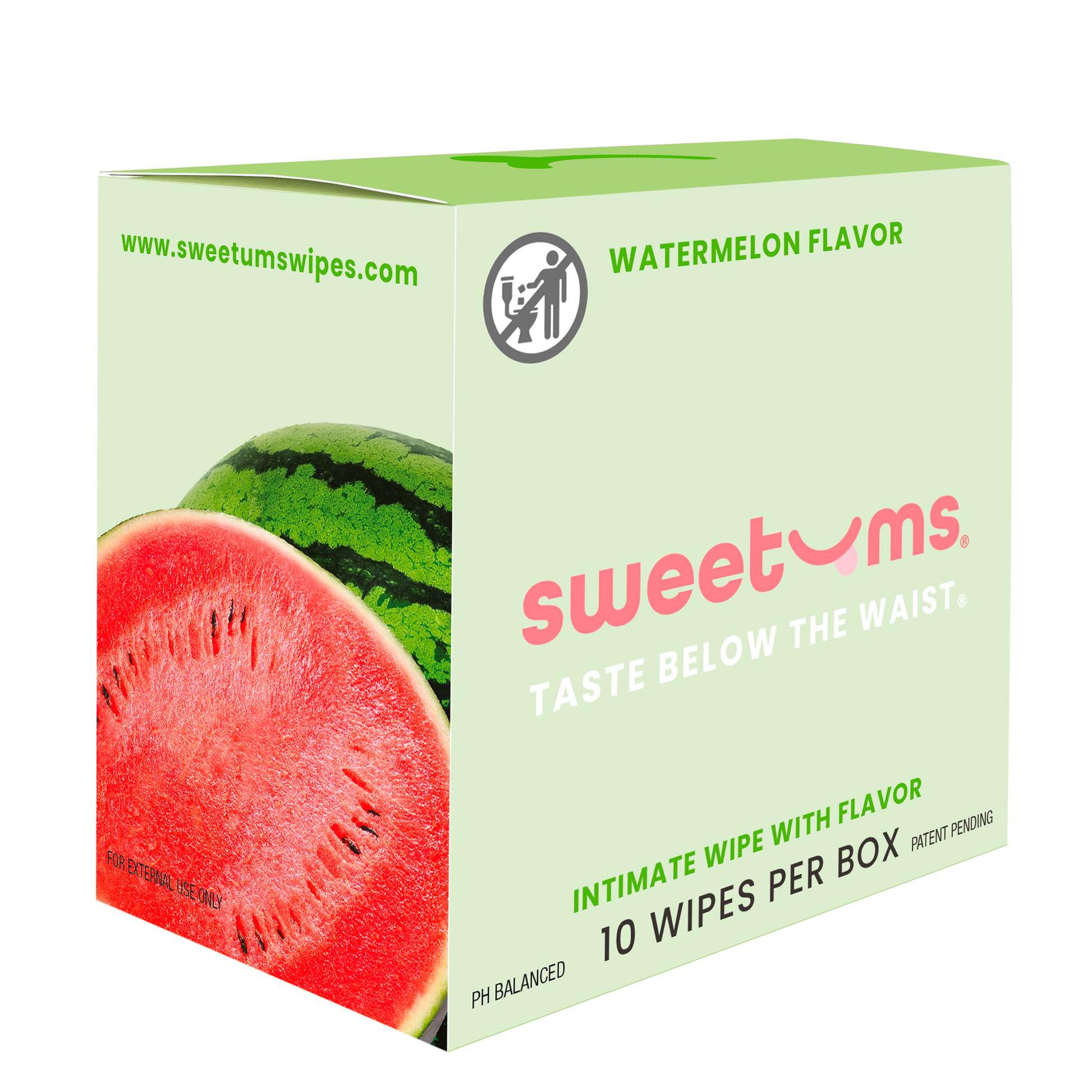 Box of sweetums intimate wipes with watermelon flavor on a white background