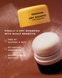 Ceremonia dry shampoo bar with foam and product details on a brown background