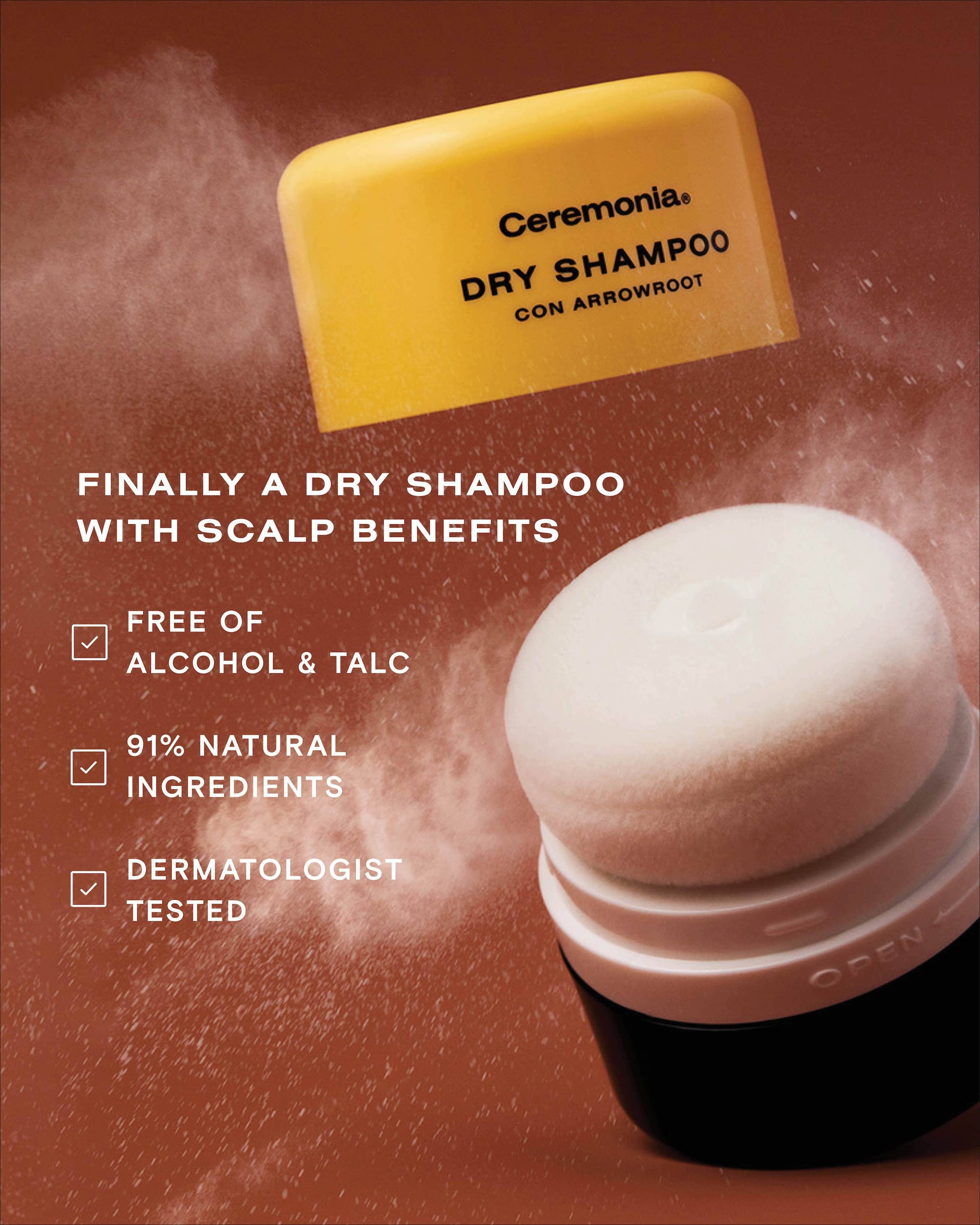 Ceremonia dry shampoo bar with foam and product details on a brown background