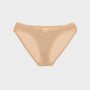 A pair of sheer nude mesh panties with solid beige trim, displayed flat against a light gray background.