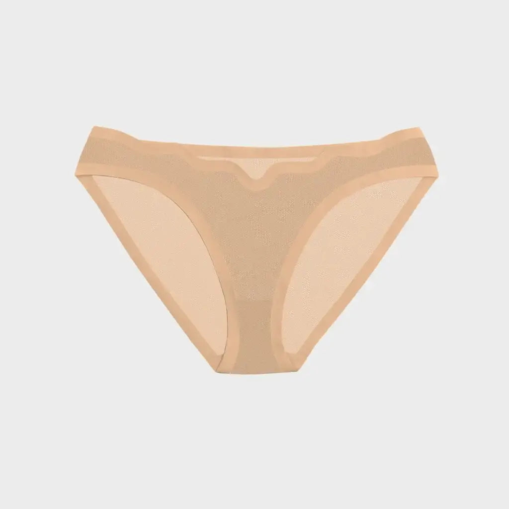 A pair of sheer nude mesh panties with solid beige trim, displayed flat against a light gray background.