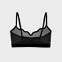 Black mesh underwire bra with scalloped edges and adjustable shoulder straps, shown flat against a light gray background.