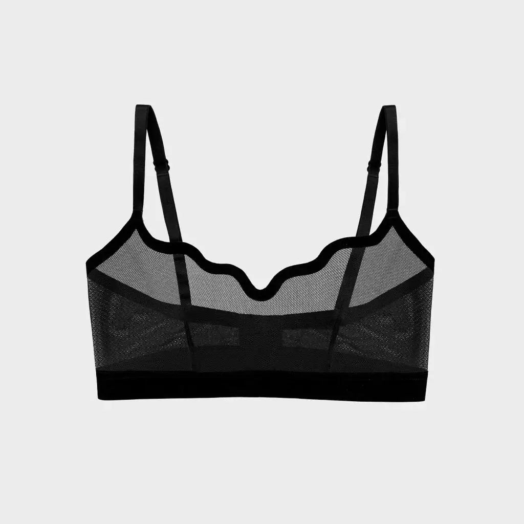 Black mesh underwire bra with scalloped edges and adjustable shoulder straps, shown flat against a light gray background.