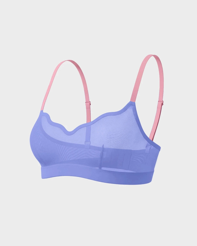 A light purple mesh underwire bra with pink adjustable shoulder straps, shown against a light gray background.