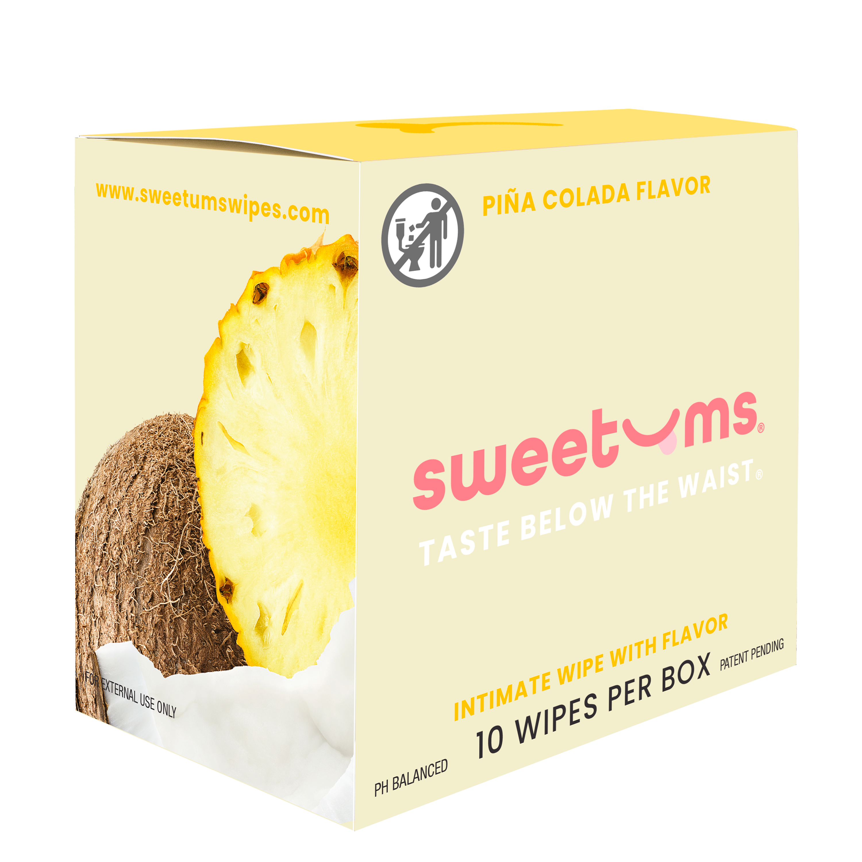Box of sweetums intimate wipes with pineapple and coconut imagery on a white background