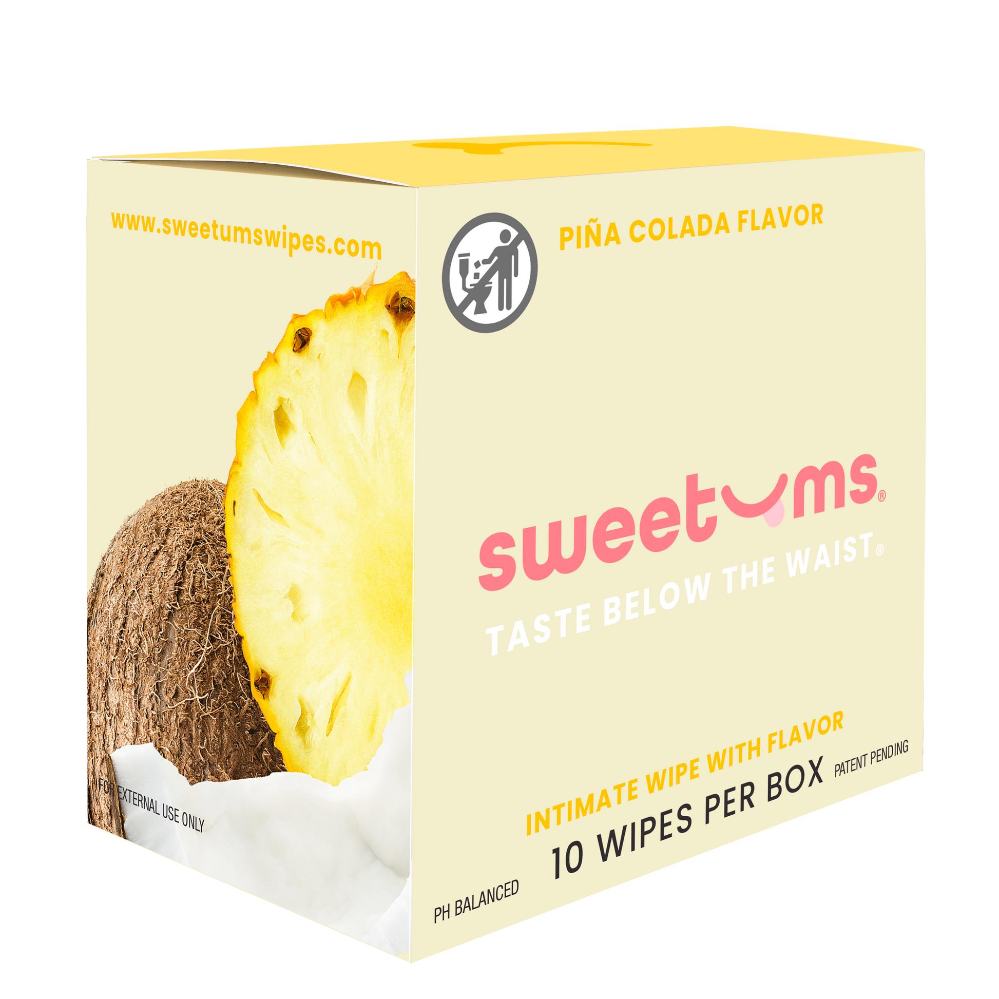 Box of sweetums intimate wipes with pineapple and coconut imagery on a white background