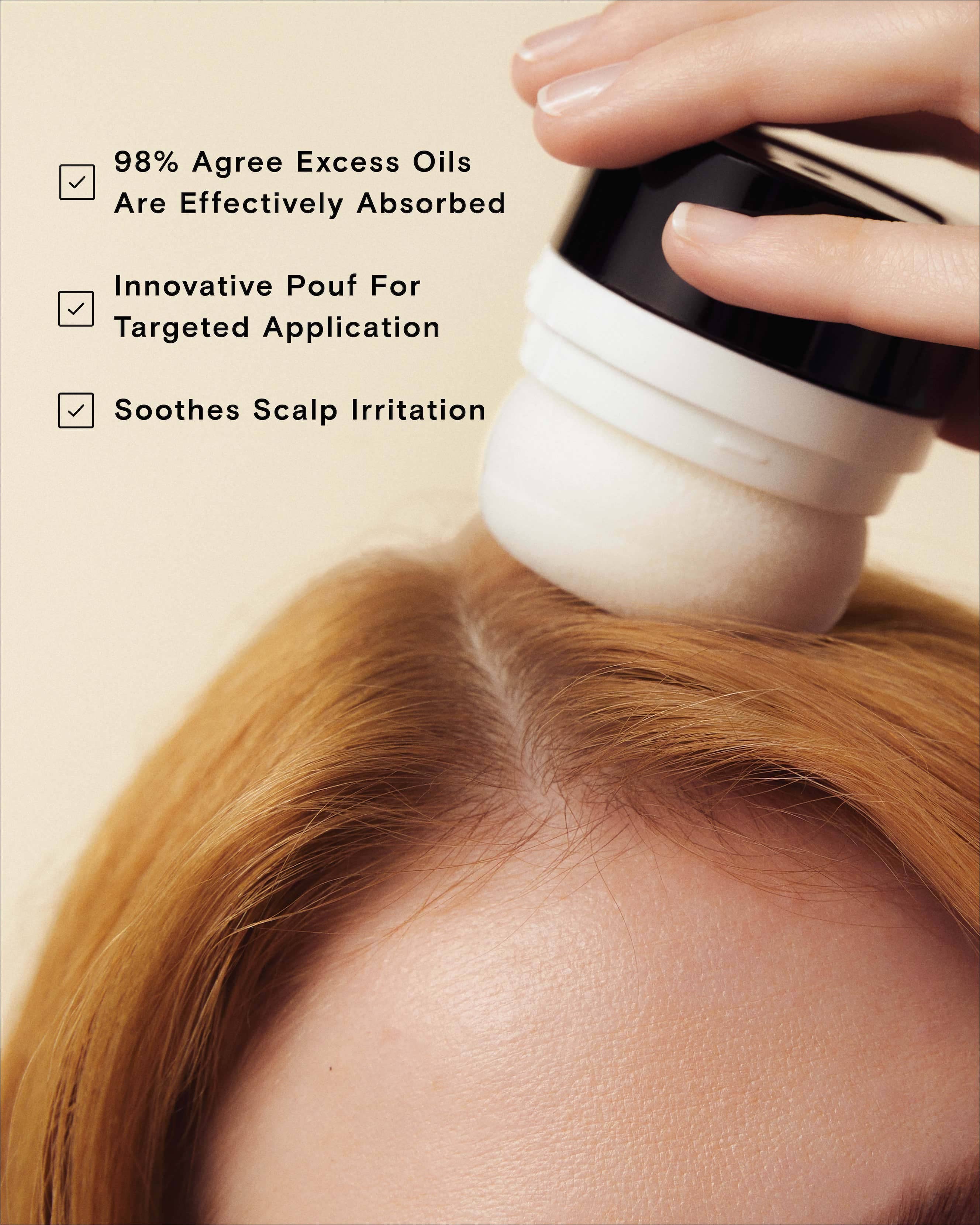 Person applying a scalp care product with text highlighting its benefits on a beige background