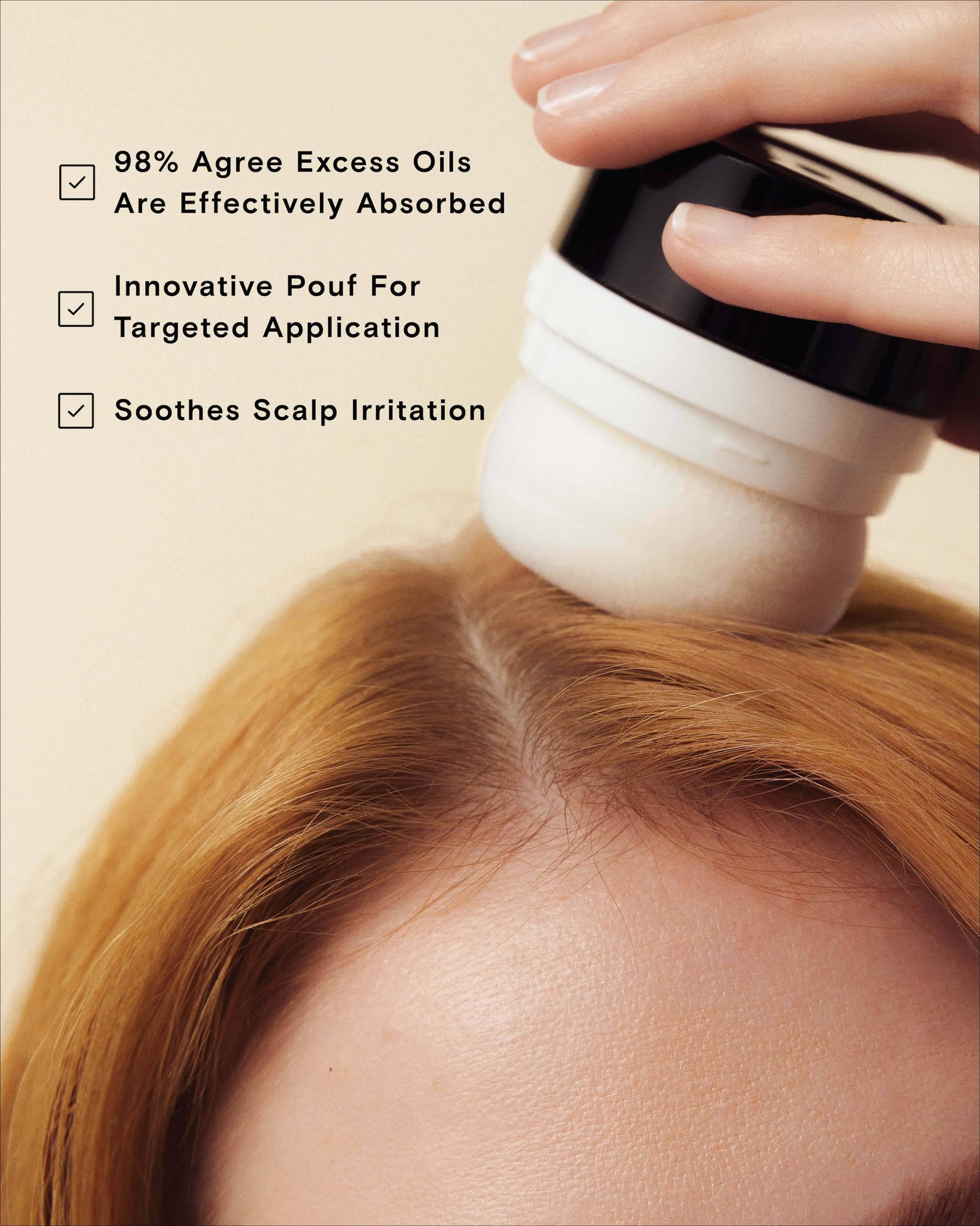 Person applying a scalp care product with text highlighting its benefits on a beige background