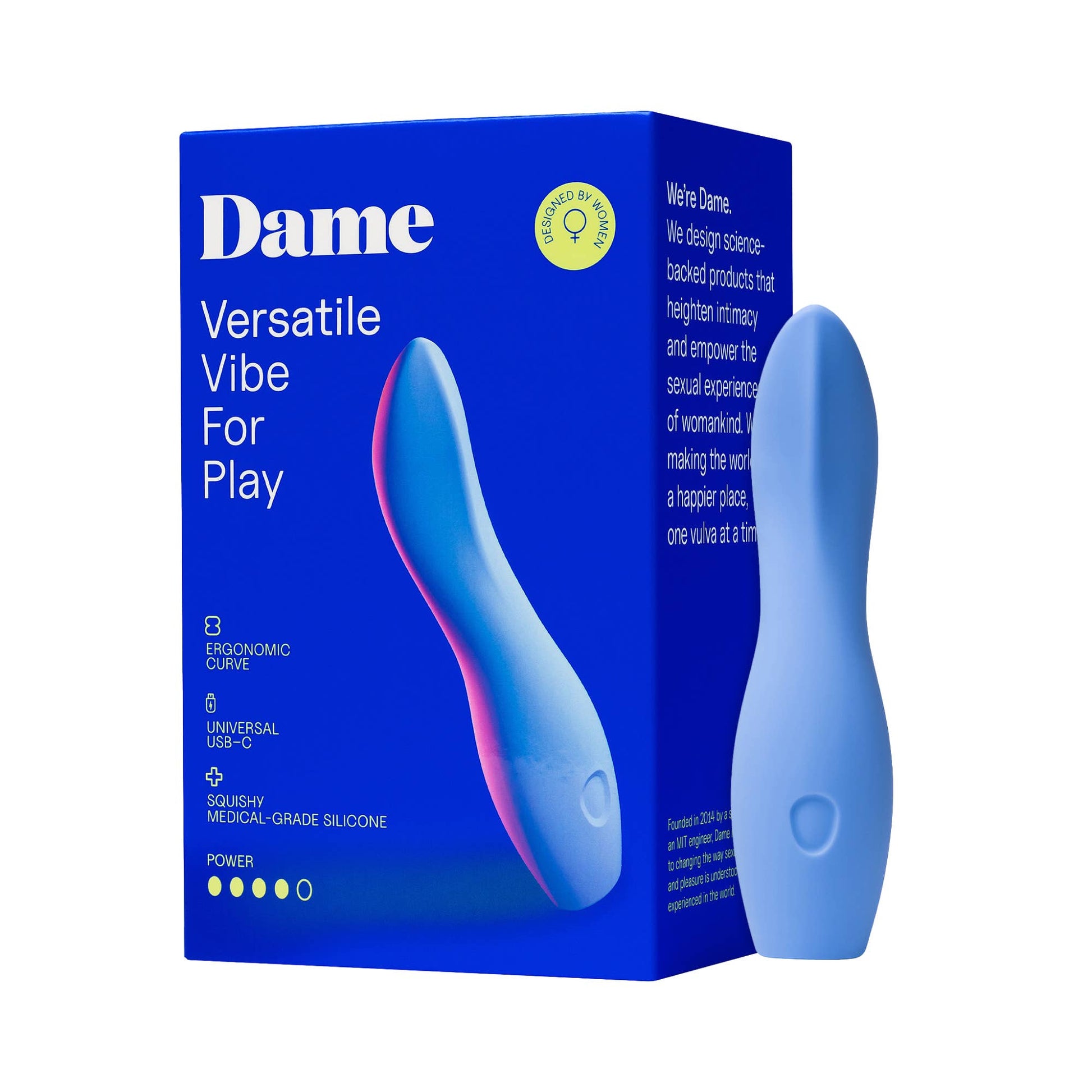 Blue personal massager packaging with product image on a white background