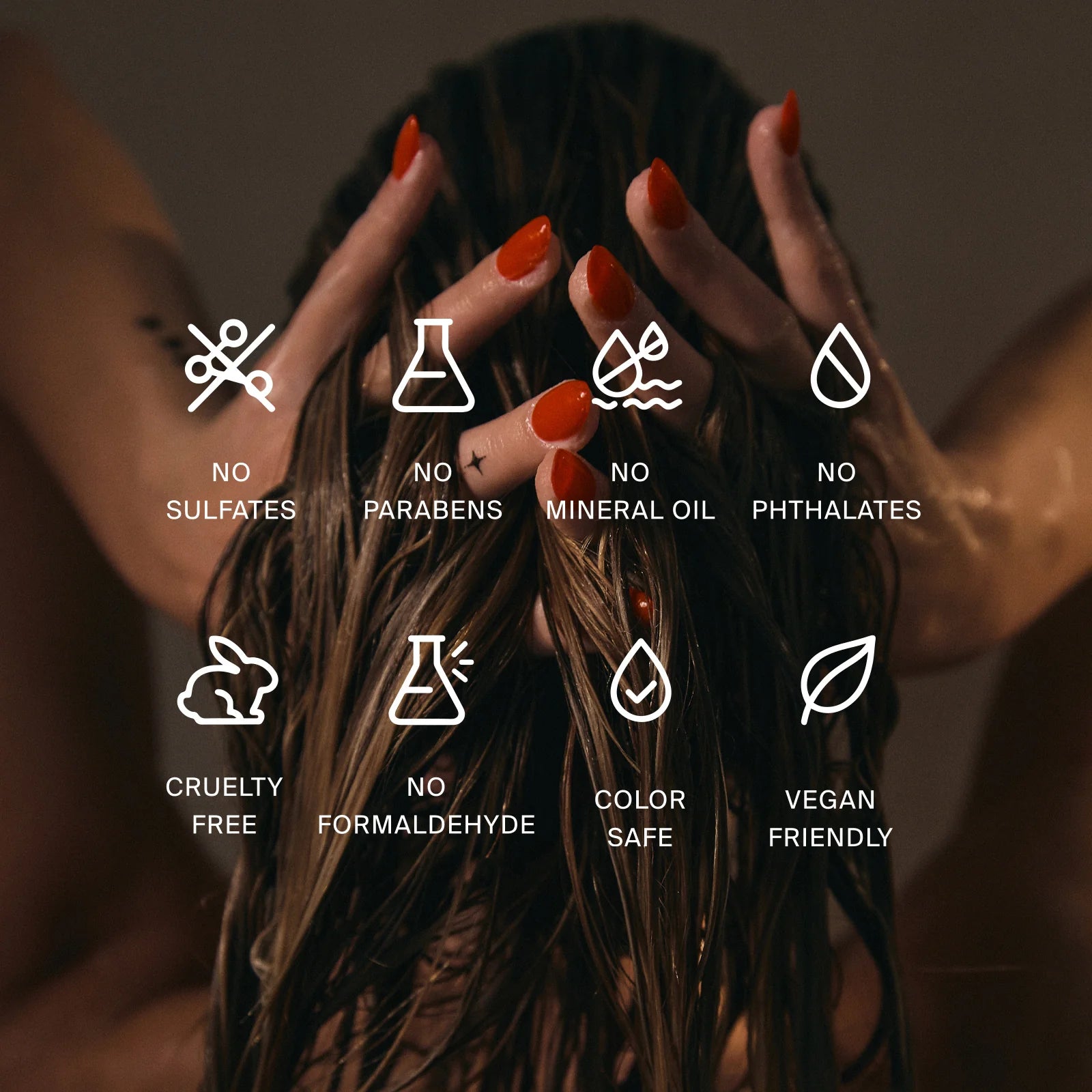 Person holding hair with icons and text indicating product benefits